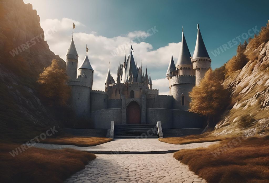 An AI generated illustration of A majestic entrance to a castle is depicted in this image, featuring a grand gate and a series of steps that lead up to it