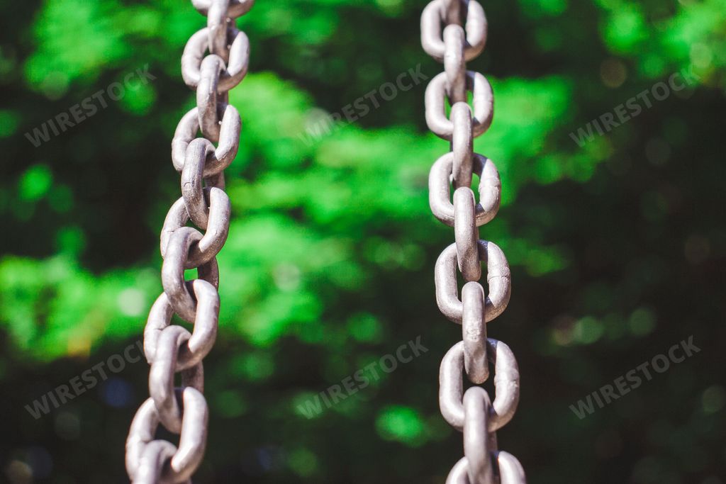Two metallic chains in clear silver color and blurred background of trees