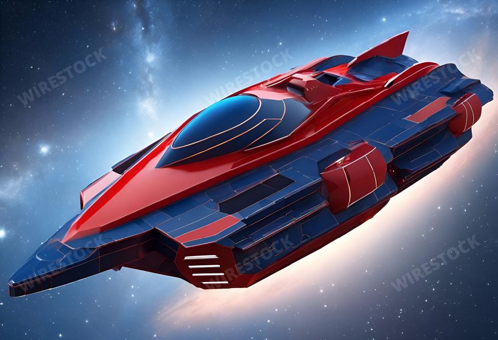 An AI generated illustration of a spaceship hovering in the depths of interstellar space