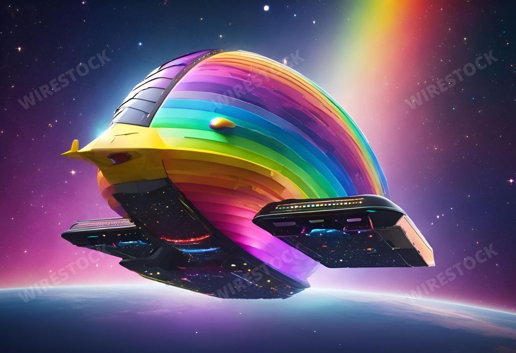 An AI generated illustration of An aerial view of a rainbow-colored spacecraft floating in space against a backdrop of a rainbow-hued moon