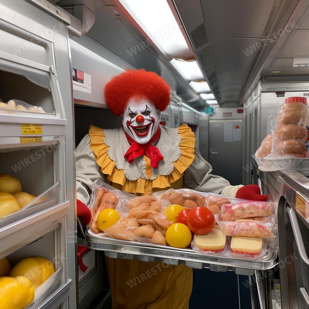 An AI generated illustration of An adult male clown wearing a colorful costume and make-up is looking directly at the camera while standing in a kitchen behind a counter