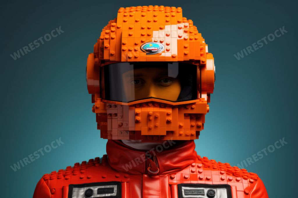 An AI generated illustration of A plastic figurine of a Lego man dressed up as a racing driver.