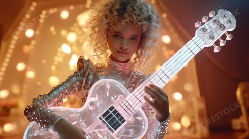 An AI generated illustration of A female musician wearing a fashionable and stylish rock star costume while playing a glowing neon electric guitar