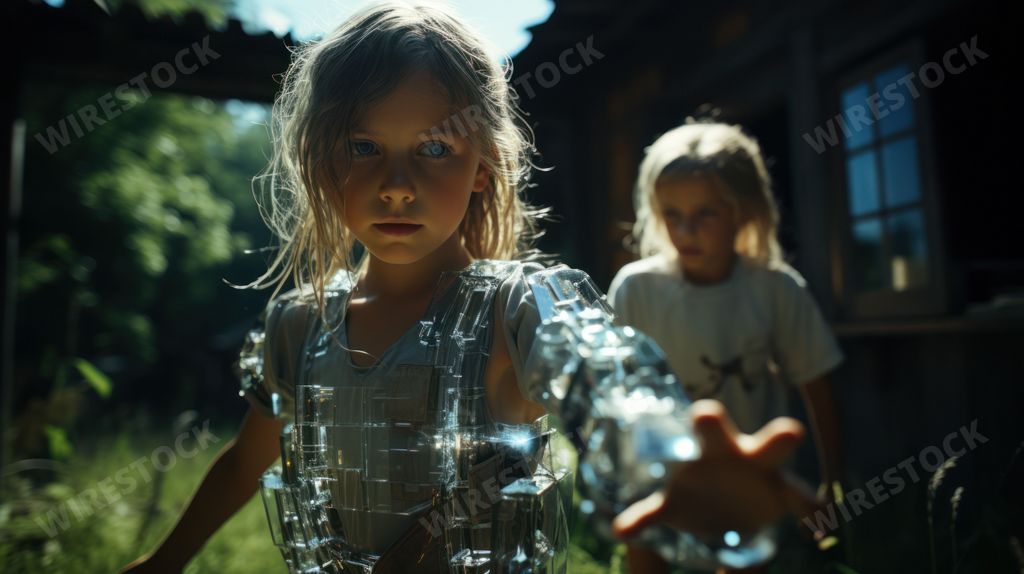 An AI generated illustration of a cheerful young girl wearing a metallic silver jumpsuit
