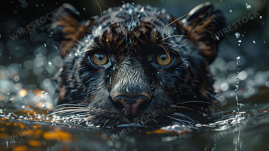 An AI generated illustration of A black panther swimming and splashing in water
