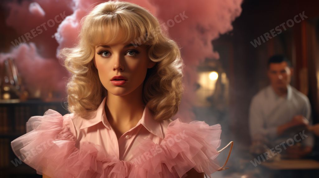An AI generated illustration of A young female in a pastel pink dress stands in a room with billowing smoke in the background