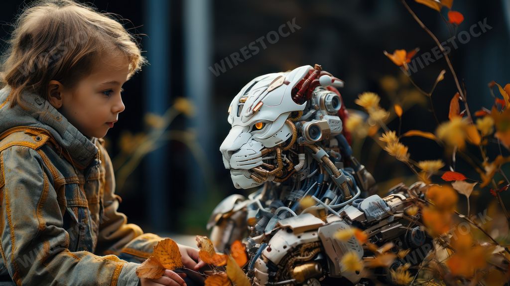 An AI generated illustration of a child joyfully playing in a meadow with an automated robotic tiger
