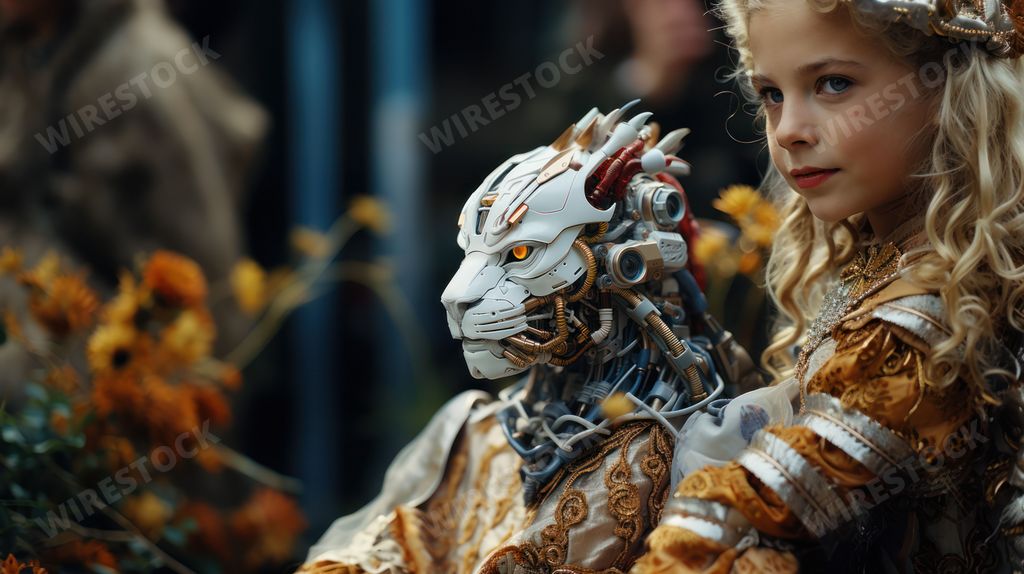 An AI generated illustration of a female child with a fantastical dragon robot