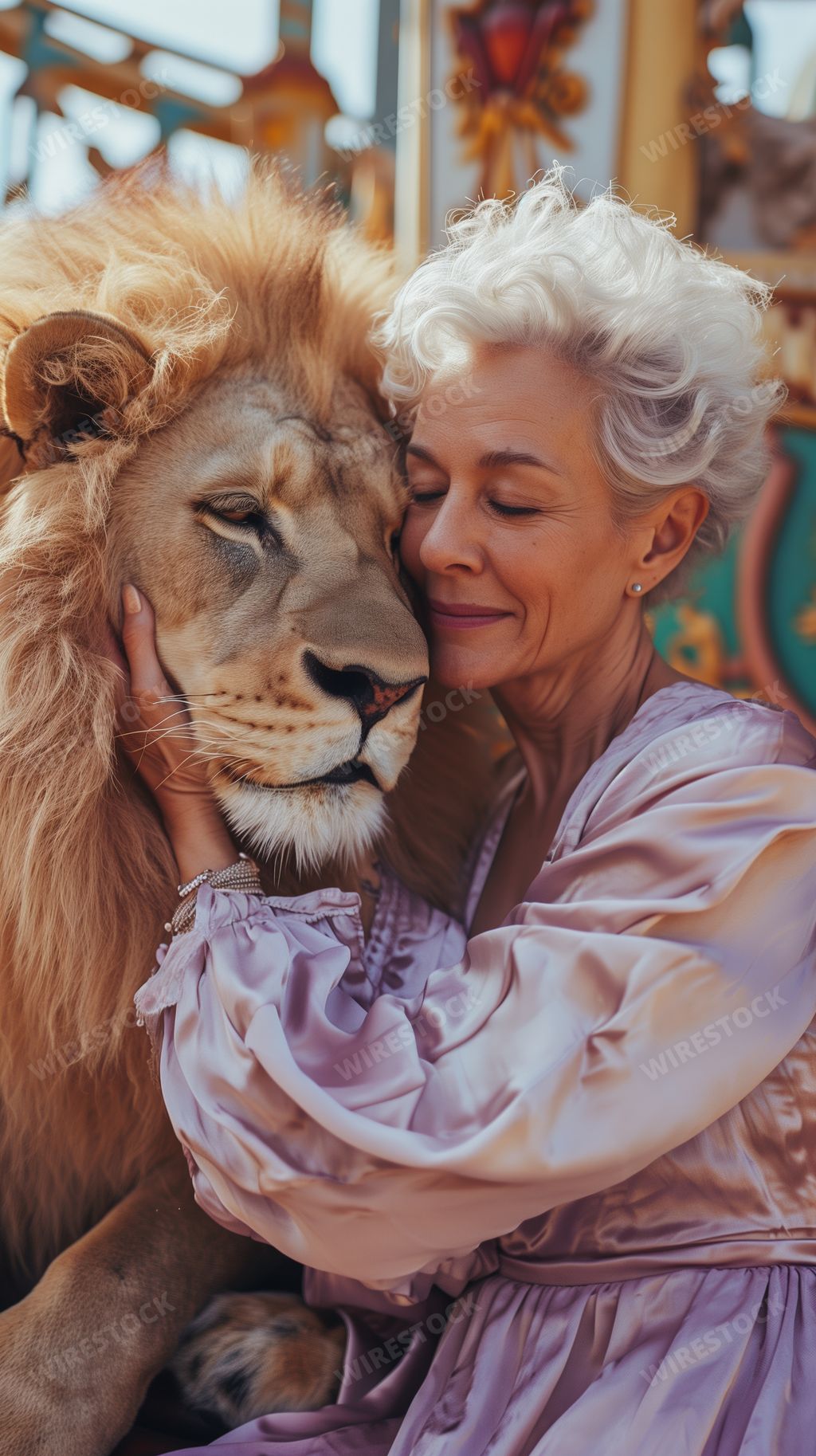 An AI generated illustration of Elderly lady embraces lion on park carousel