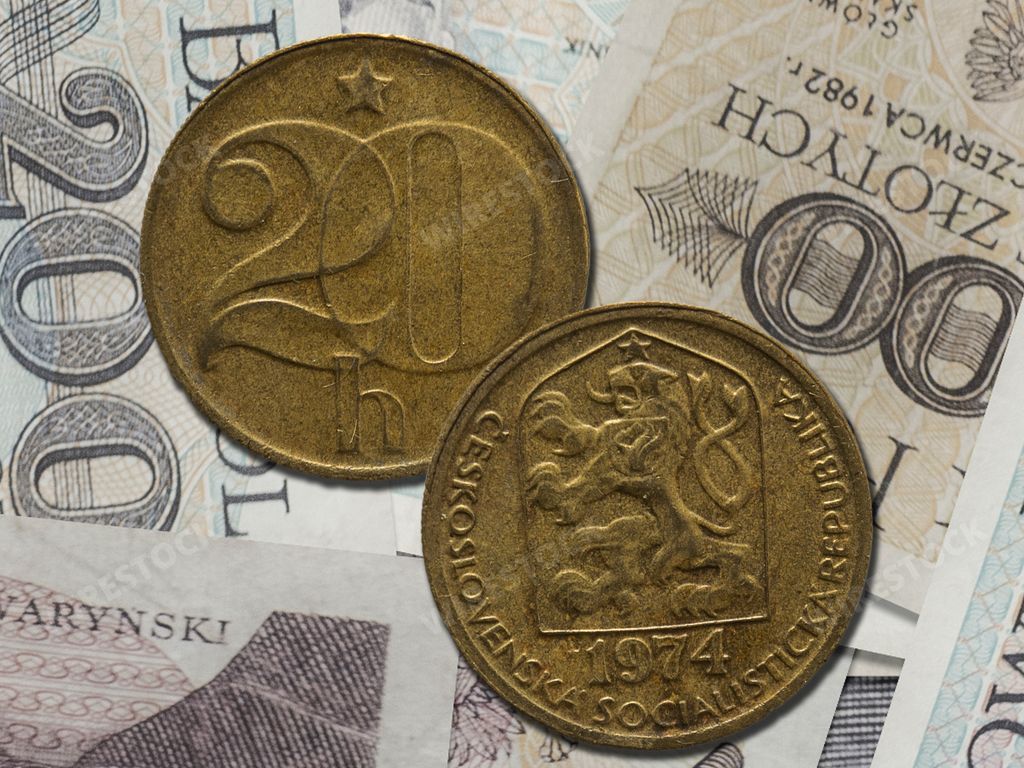 Vintage Czechoslovak koruna coins, former currency of Czechoslovak Socialist Republic