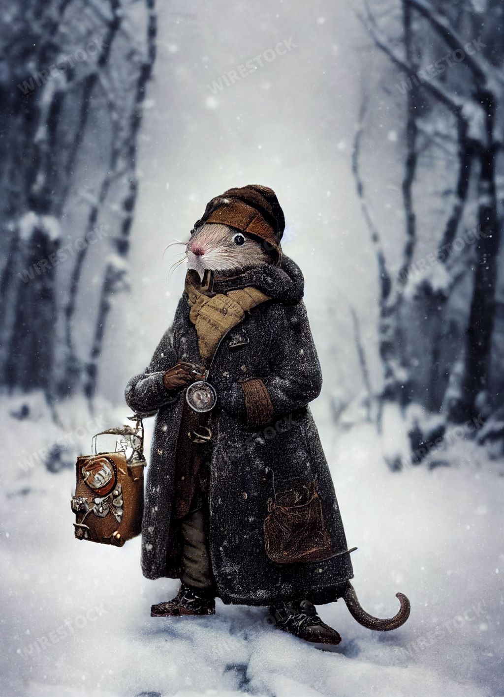 An Anthropomorphic mouse in a winter coat on a snow, cartoon or child's book character