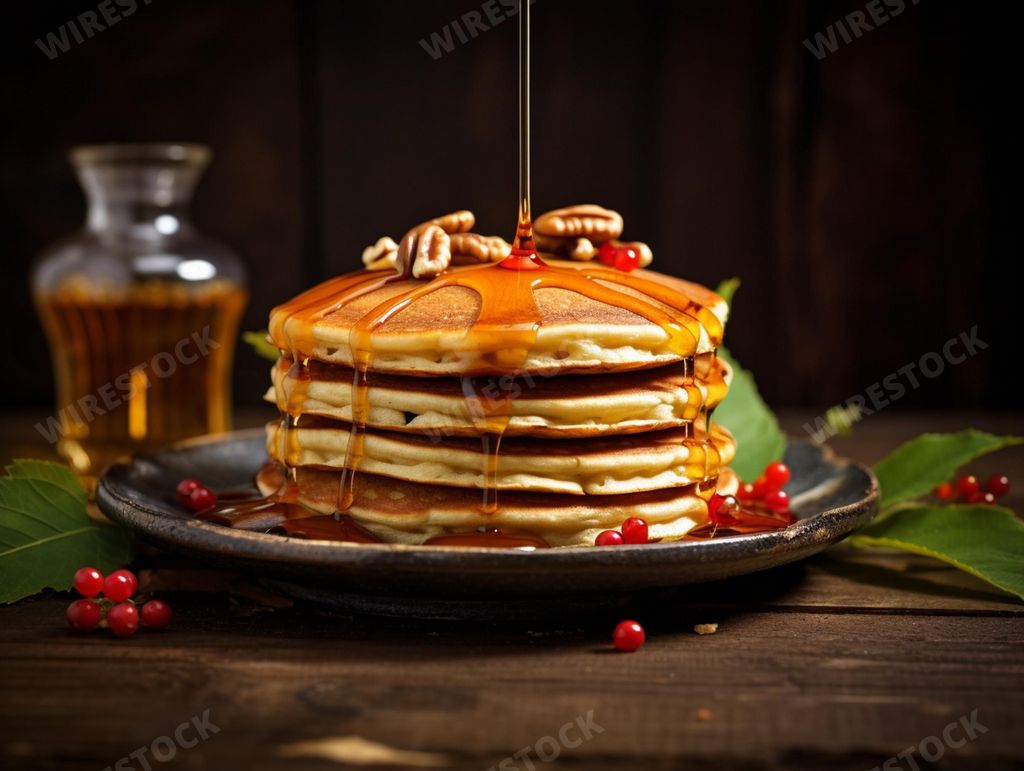 An AI generated illustration of A breakfast plate featuring fluffy pancakes topped with sweet syrup
