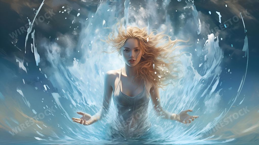 An AI generated illustration of A Caucasian female enjoying a peaceful swim in an open ocean
