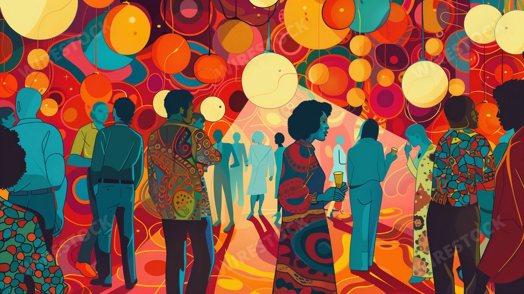 An AI generated illustration of People mingle at a well-lit art exhibit, holding wine glasses