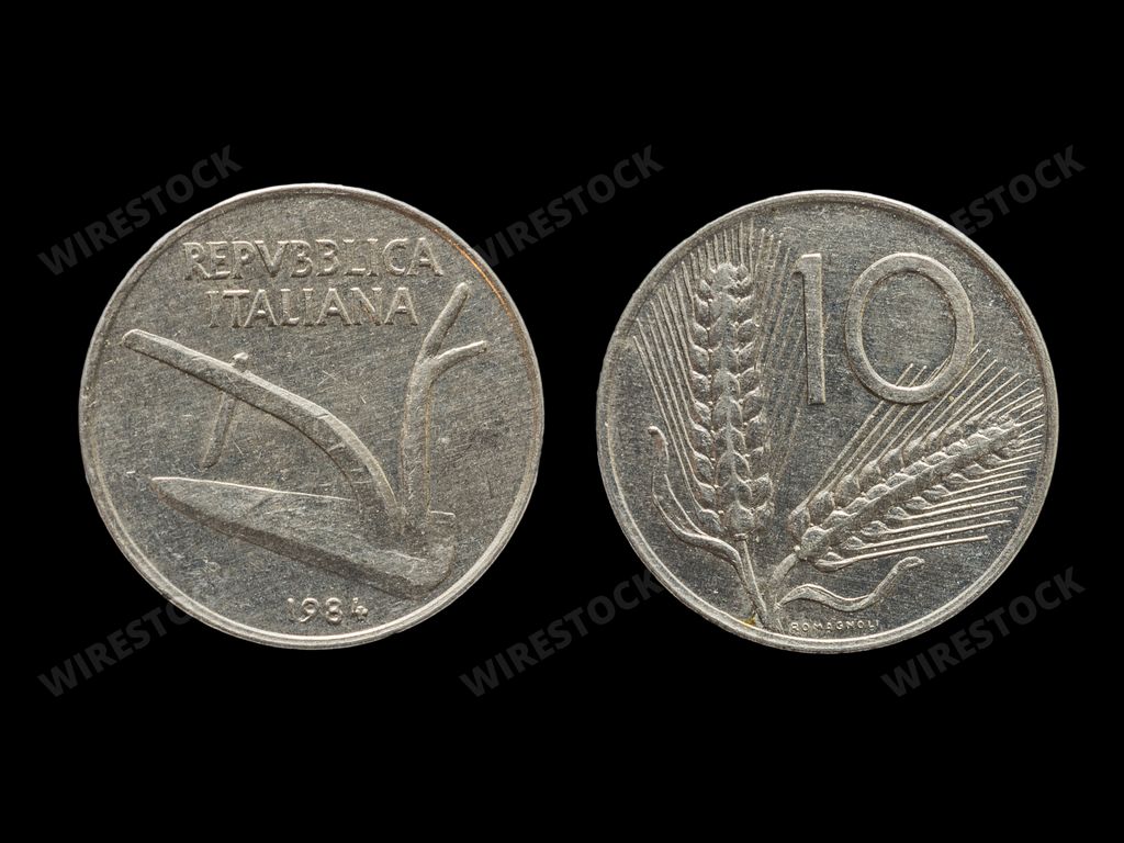 Vintage italian lira coins, currency of republic of Italy before euro