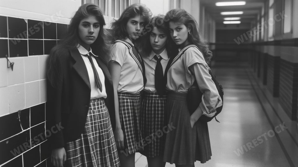 An AI generated black and white illustration of four girls in front of a wall