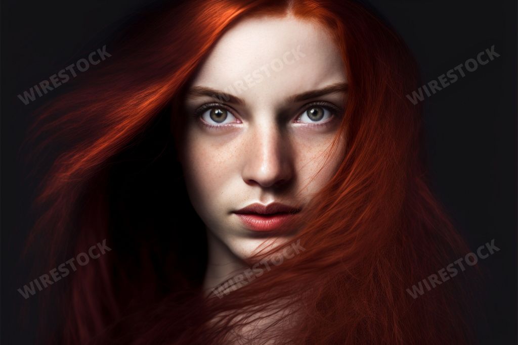 An AI generated illustration of a young woman with long red hair and emerald eyes