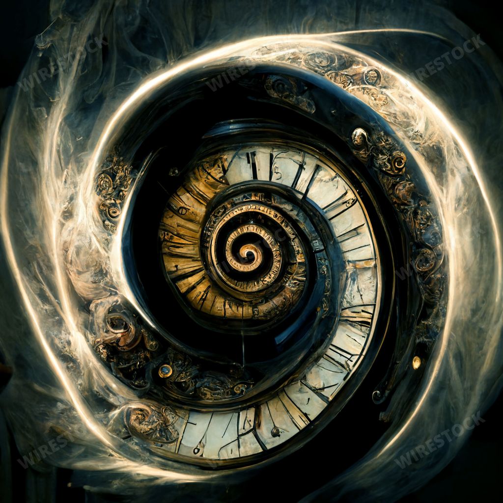 Infinity time spiral in space, antique old clock abstract fractal spiral 3d illustration, time travel concept
