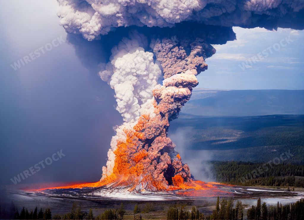 A landscape scene of Yellowstone volcanic eruption raising smoke with foggy sky