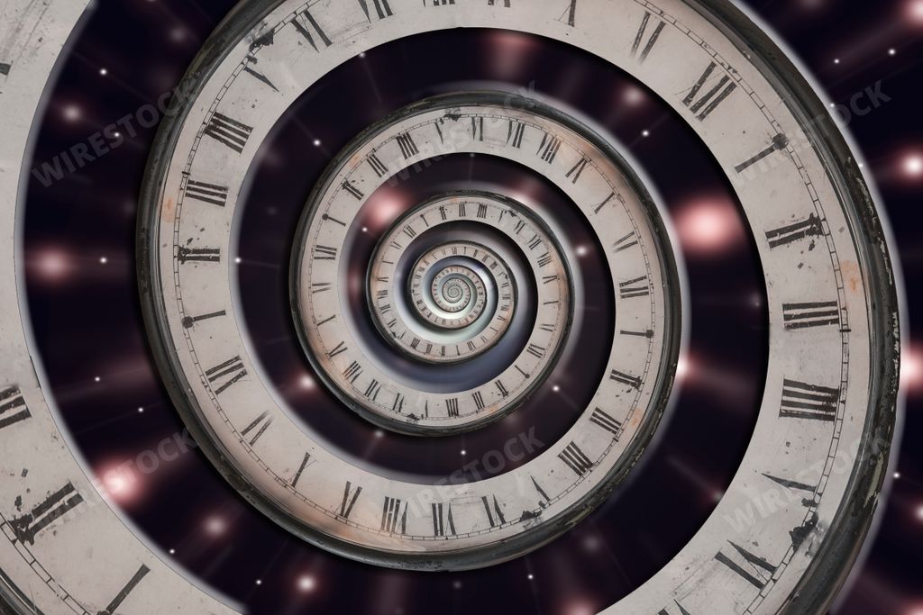 A 3D illustration of a spinning clock that creates the illusion of turning with a space background.