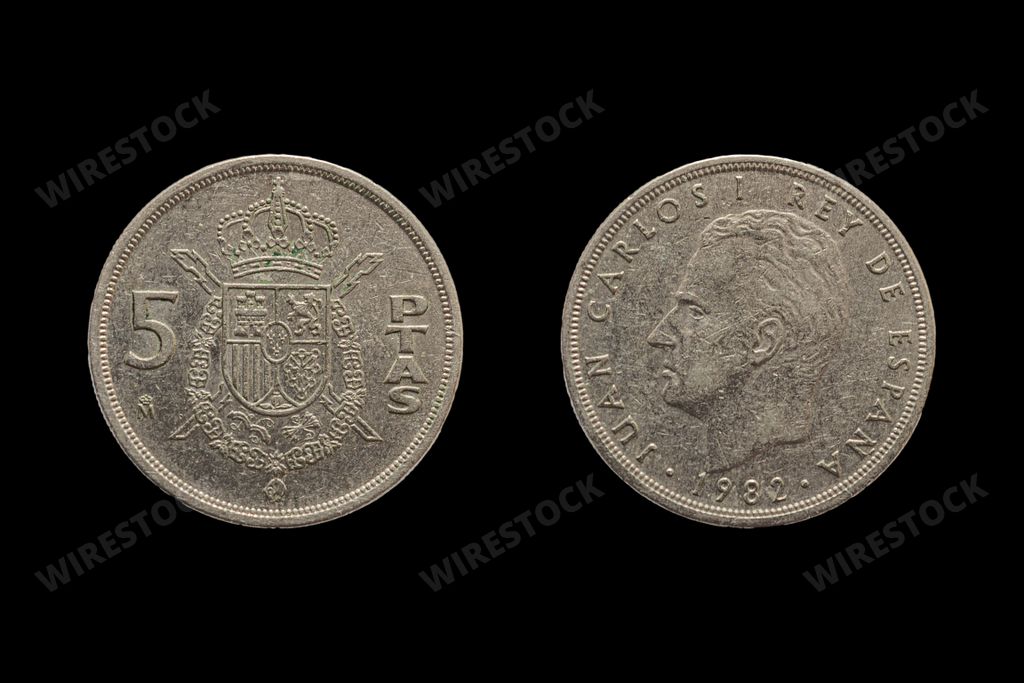 Spanish peseta coin obverse and revese. Currency of Spain between 1868 and 2002.