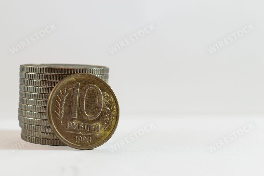A close-up shot of a Russian ruble coin isolated on a white background