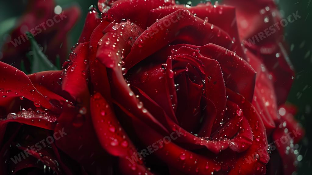 An AI generated illustration of Close-up of a red rose with dew drops, surrounded by lush green leaves