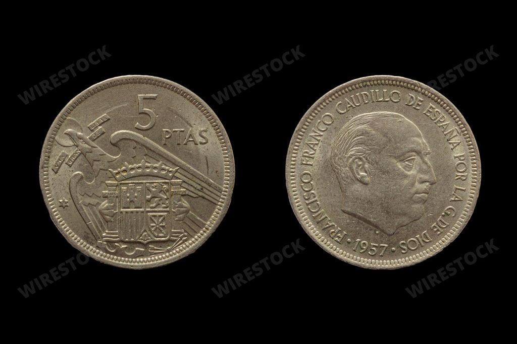 Spanish peseta coin obverse and revese. Currency of Spain between 1868 and 2002.