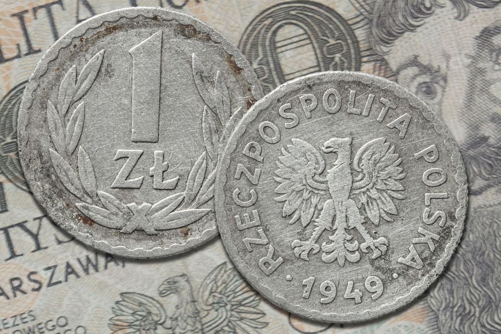 A closeup shot of old Polish zloty coins from 1949