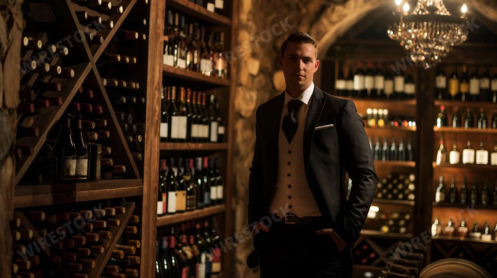 An AI generated illustration of a man surrounded by numerous wine bottles in a wine shop