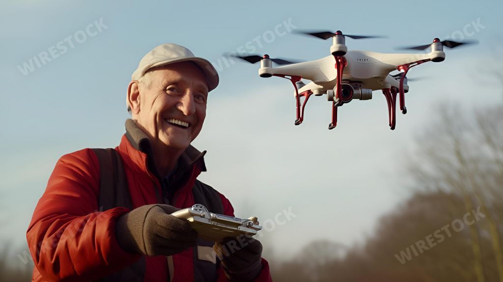 An AI generated illustration of A senior man flying a remote-controlled drone while holding a camera in his hands