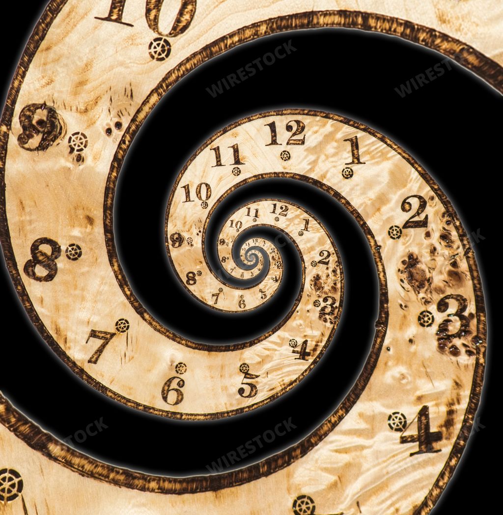 A digital illustration of an infinity spiral old clock