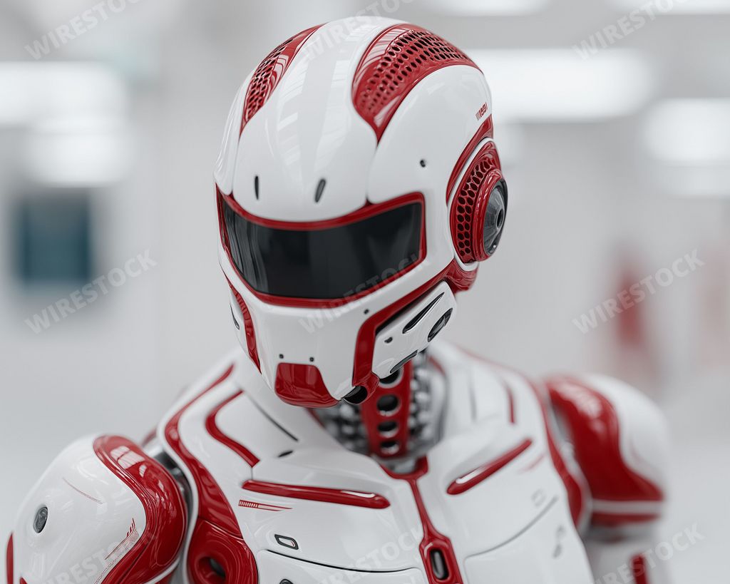 An AI-generated futuristic red and white humanoid robot with sleek design in a bright, minimalistic setting.