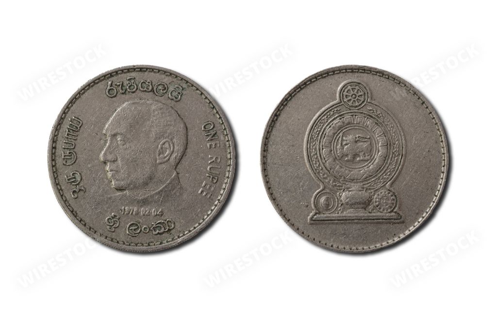 Closeup view of a collection of Sri Lanka rupee coins on a white background