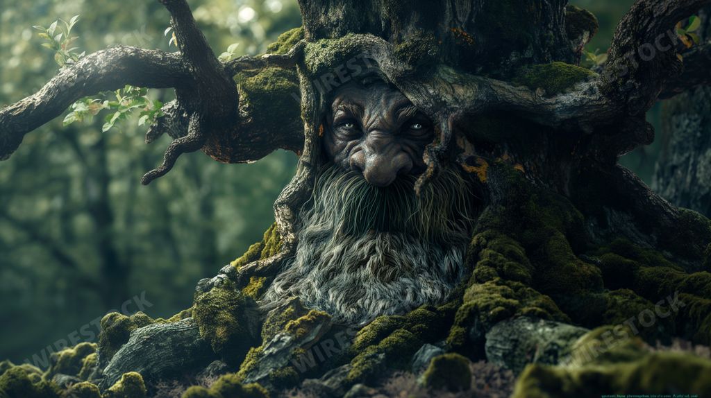 A moss-covered tree with a face in a lush forest, AI-generated.