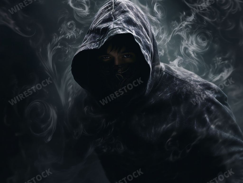 A serious-looking young man wearing a dark hooded top in a smoky room stares directly into the camera with intensity