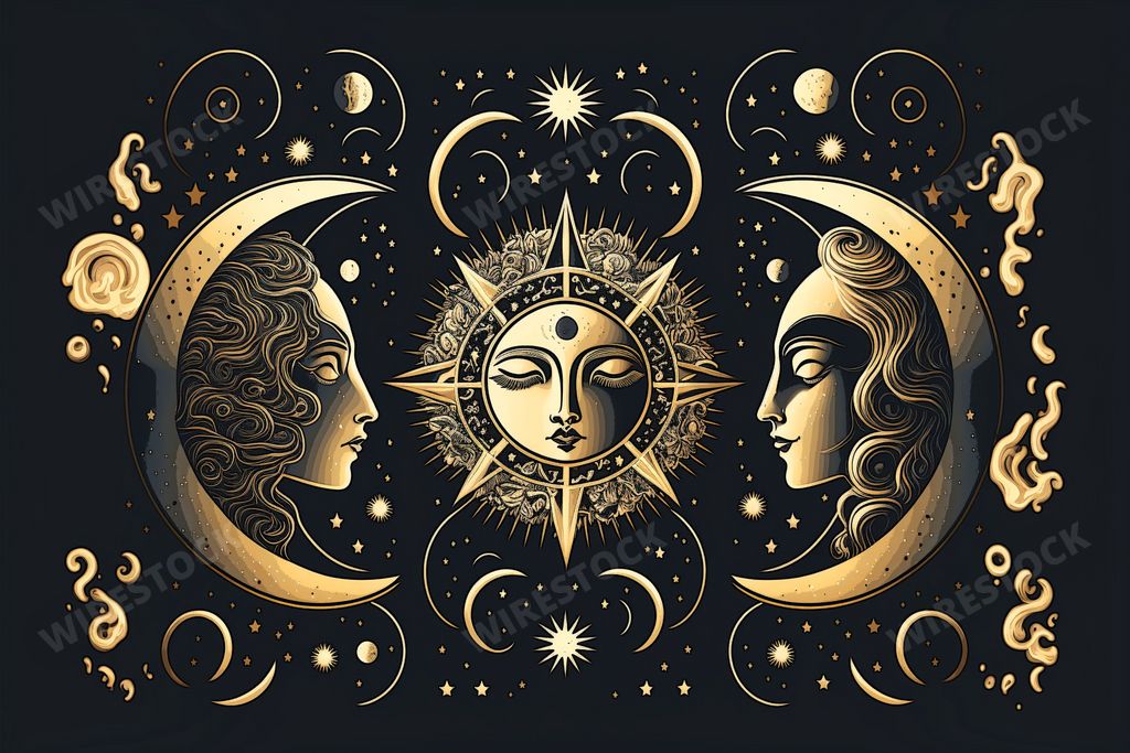 An AI generated illustration of an esoteric background with a magical tarot banner and astrology symbols