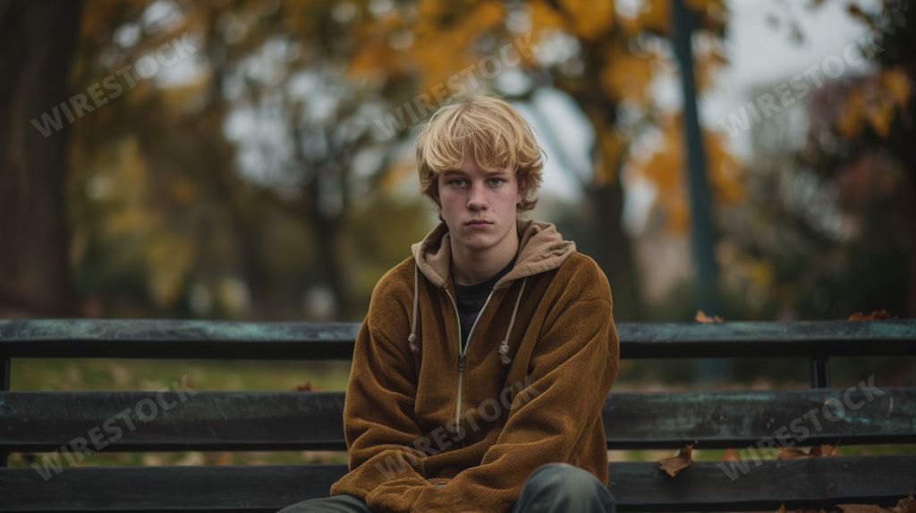 An AI-generated illustration of a young man sitting on a park bench