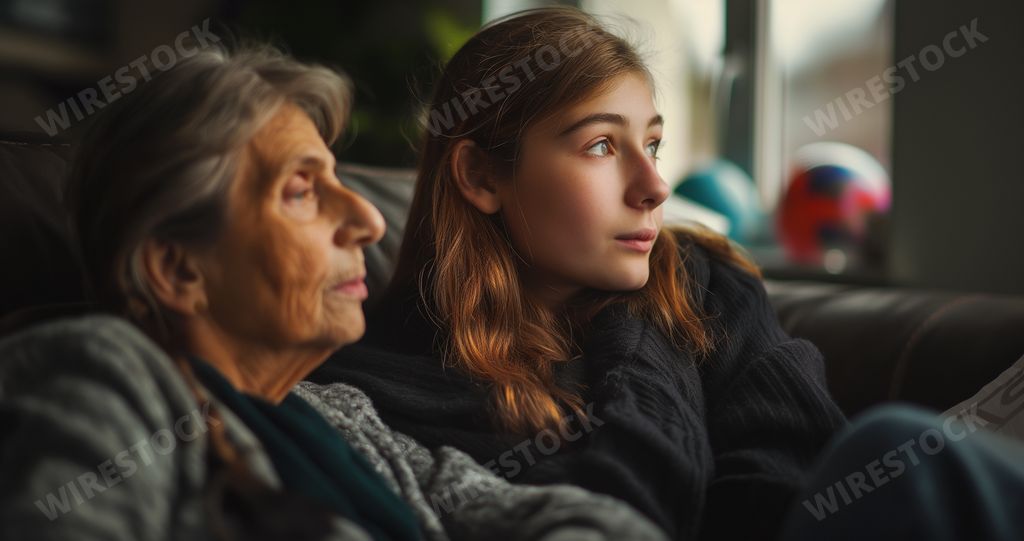 An AI generated illustration of Elderly woman and young girl seated on a couch by a window