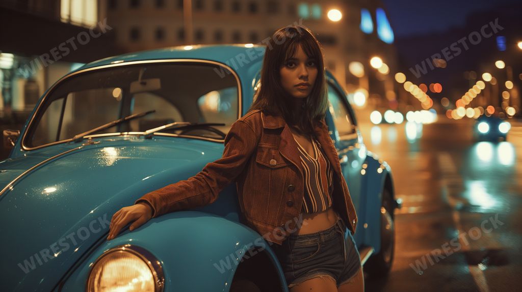 An AI generated illustration of woman leaning on blue car