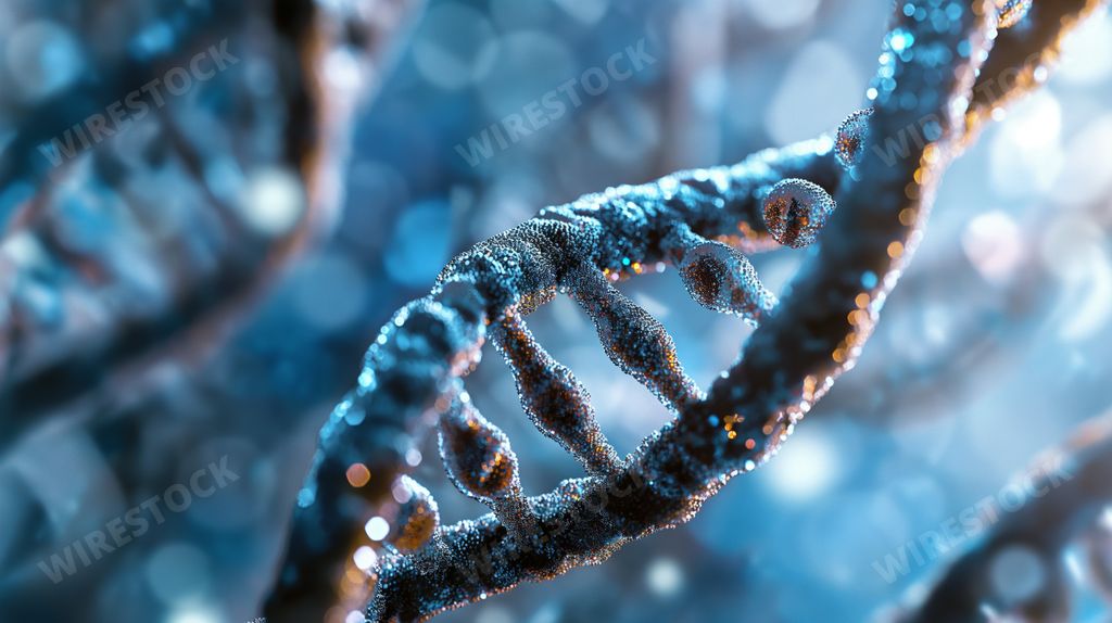 An AI generated illustration of A human body connected to a strand of artificial genetic material that appears to be a thin chain of information