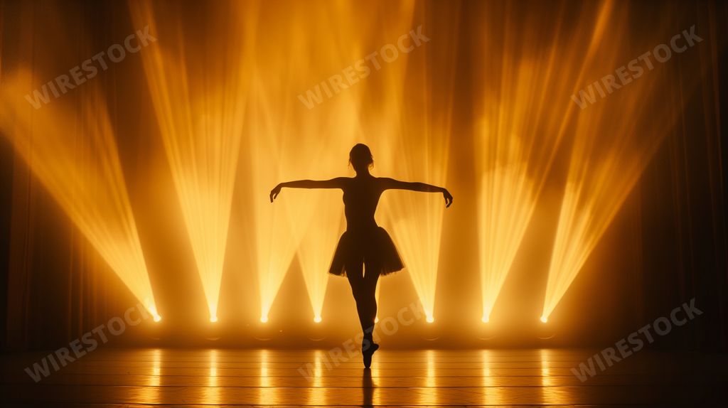 An AI generated illustration of a ballerina in a tutu dress illuminated by lights