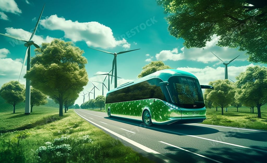 An AI generated illustration of a green public transit bus traveling down a road, surrounded by trees