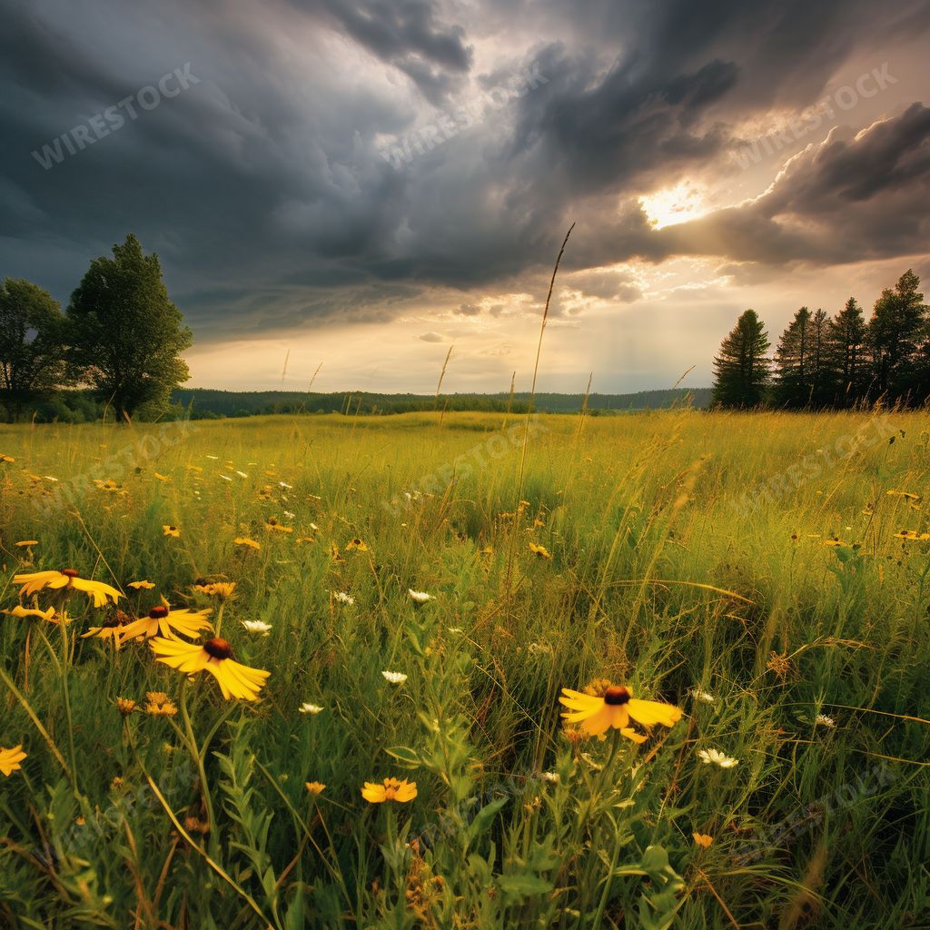 An AI generated illustration of Scenic view of a lush green landscape featuring an abundance of yellow wildflowers, complemented by a cloudy sky
