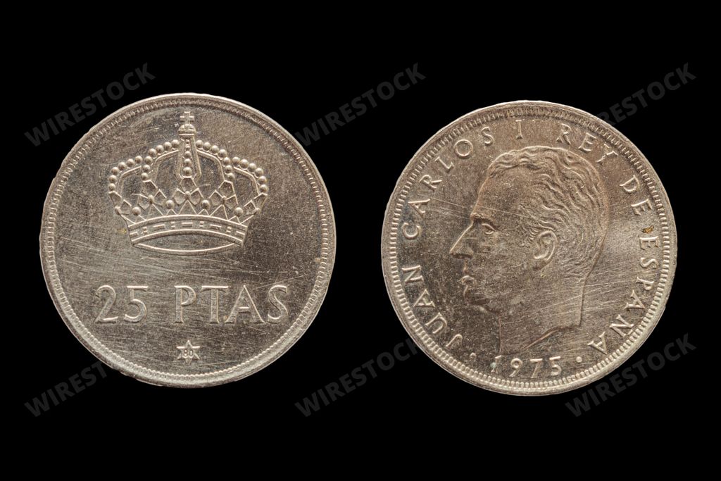 Spanish peseta coin obverse and revese. Currency of Spain between 1868 and 2002.