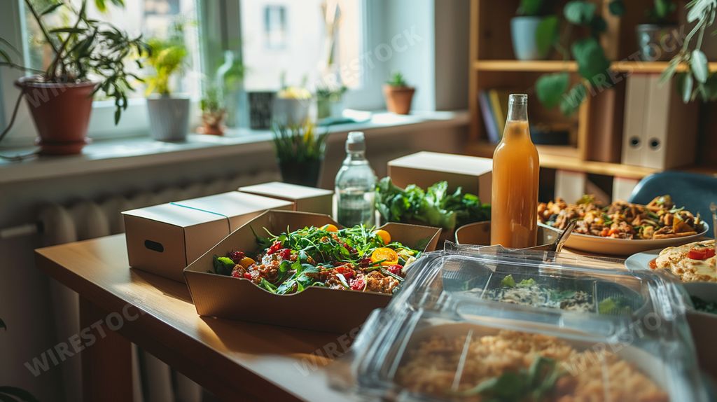 An AI generated illustration of assorted food items on wooden table in room with a window