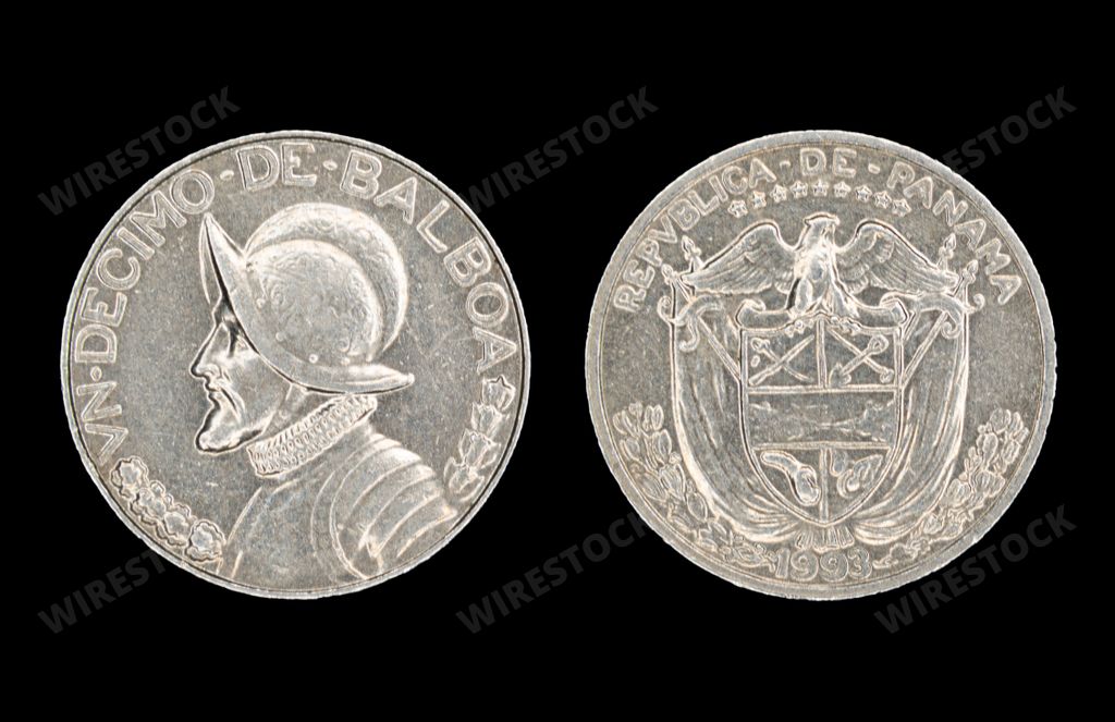 An AI generated illustration of Close-up of a 1993 Panamanian coin featuring Vasco Núñez de Balboa and the national coat of arms