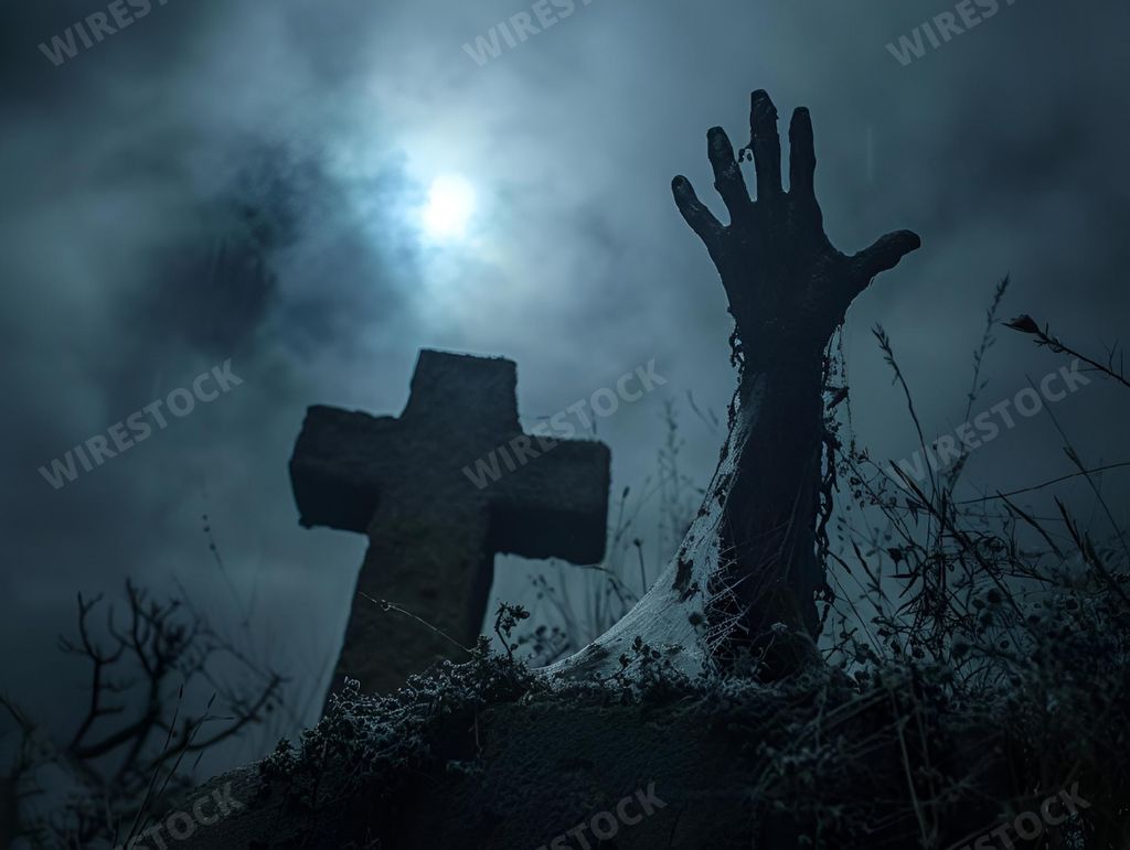 A hand reaching out of a grave with a cross above, AI-generated.