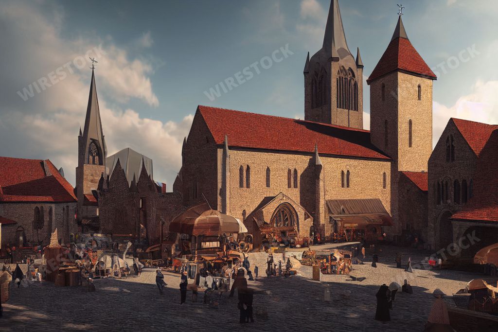An imaginary medieval city center with a church and a marketplace