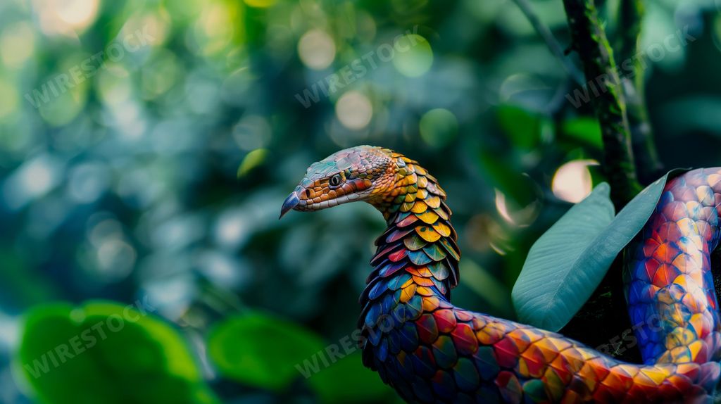 An AI generated illustration of a colorful snake with iridescent scales coiled on a tree branch